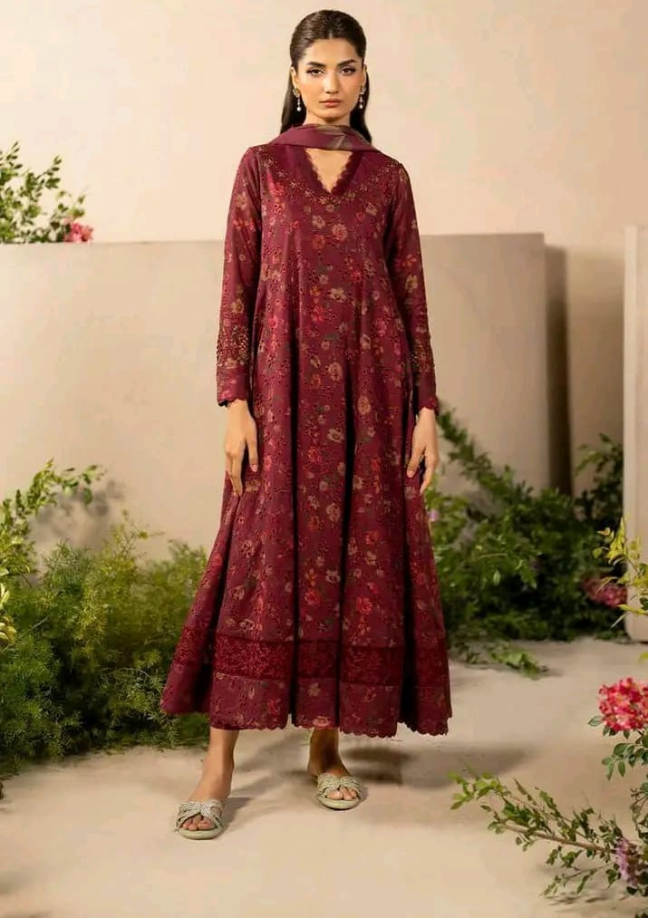 Maroon floral flared Eastern dress