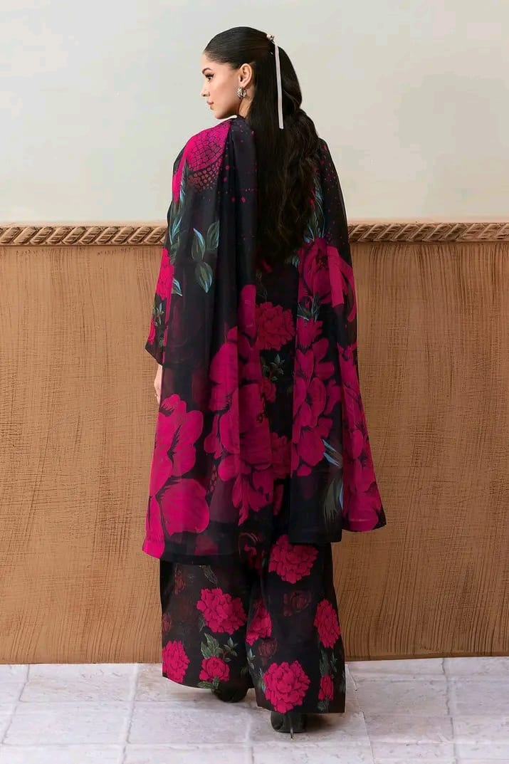 Bold pink floral print outfit with flowing dupatta