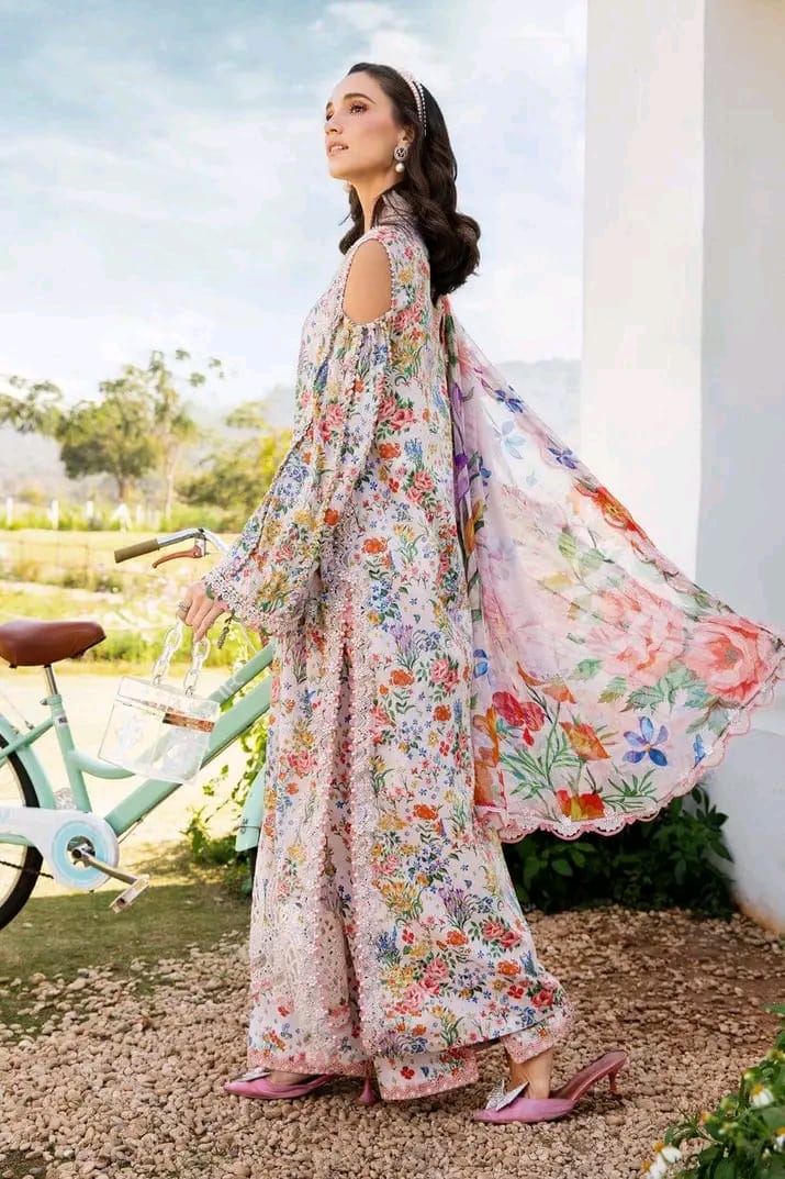 Pastel floral outfit with printed dupatta