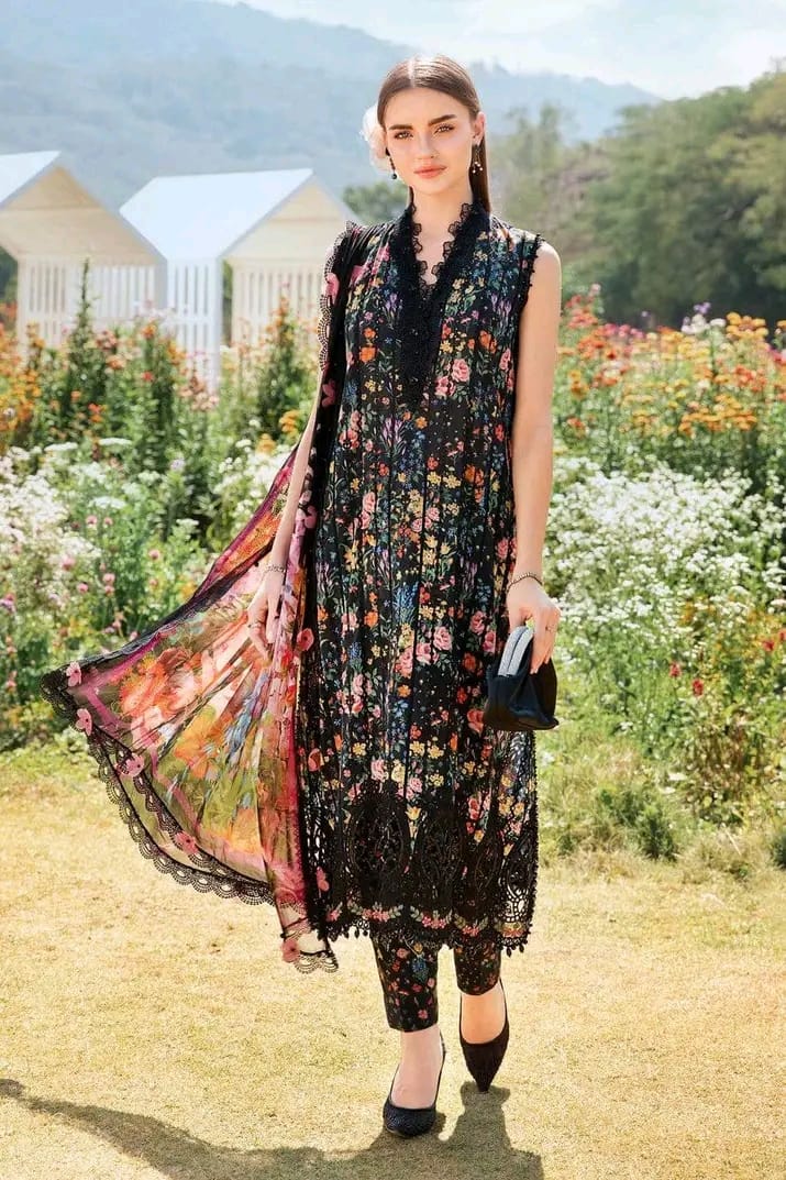 Black floral lace suit with printed dupatta