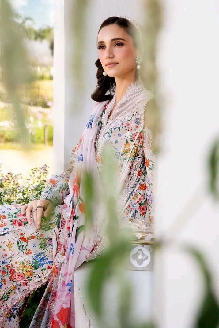 Ivory floral embroidered suit with lace edging
