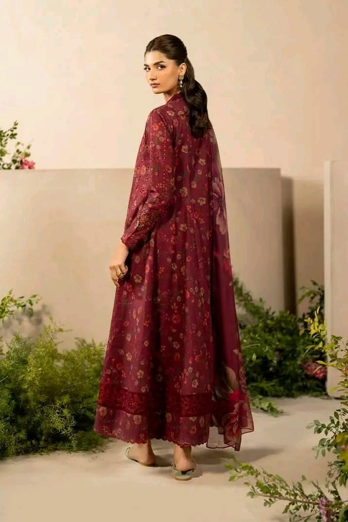 Maroon floral long frock with scalloped hem